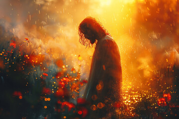 Naklejka premium Jesus Guiding Path at Sunset
