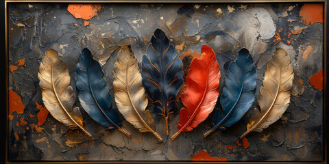 panel wall art, wall decoration, marble background with feather designs