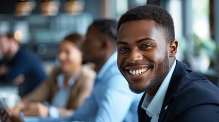 Closeup of a smiling young African American businessman discussing work while during a meeting with diverse colleagues in an office lounge. Stock Photo - Powered by Adobe