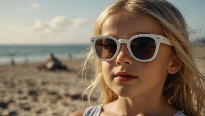 beautiful blonde kid girl portrait on summer beach vacation with sunglasses and bright sunshine from Generative AI