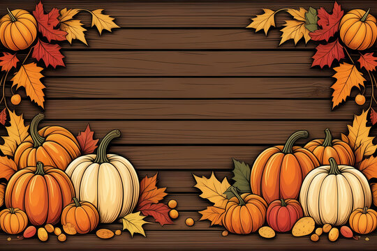 Thanksgiving illustration: Apples, pumpkins, fallen leaves on wood. Room for text. Halloween, Thanksgiving, or seasonal backdrop.