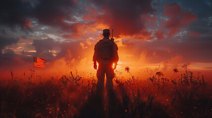Soldier with USA Flag at Sunrise