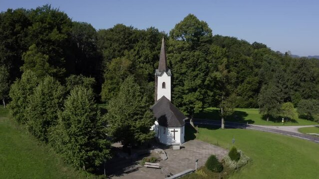 Drone flight over the Kronberg Chapel, Sankt Georgen im Attergau, Salzkammergut, Upper Austria, Austria, Europe