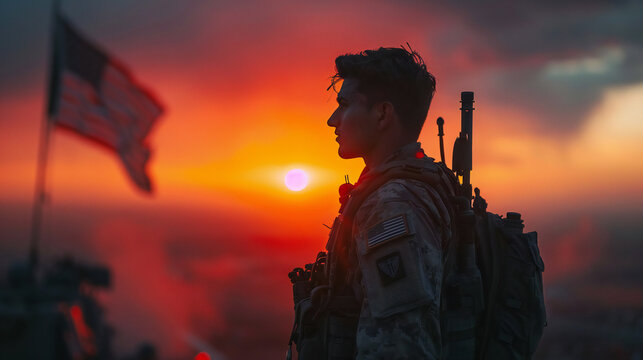 Patriotic Soldier with US Flag at Sunrise