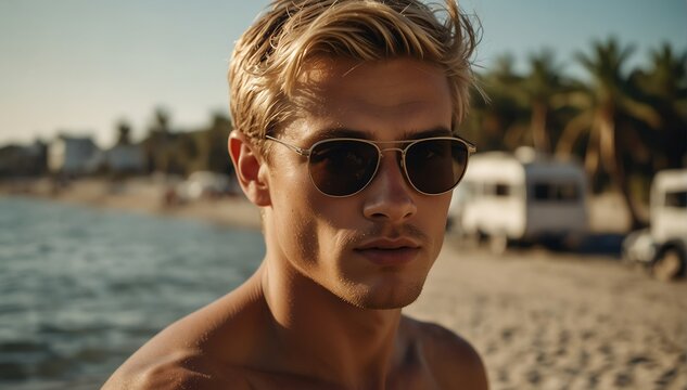 handsome blonde guy portrait on summer beach vacation with sunglasses and bright sunshine from Generative AI