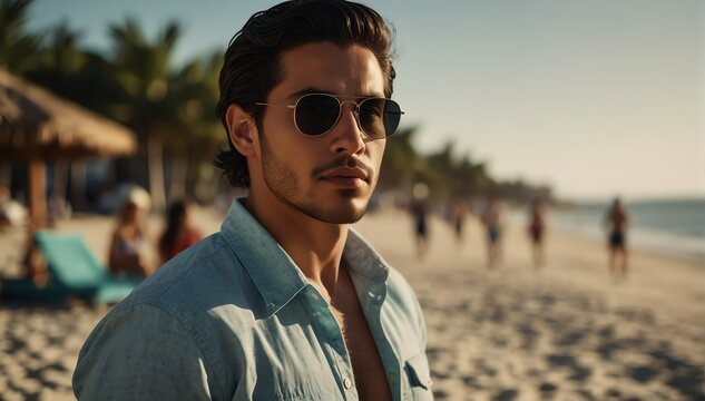 handsome hispanic guy portrait on summer beach vacation with sunglasses and bright sunshine from Generative AI