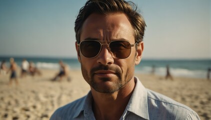 handsome middleaged guy portrait on summer beach vacation with sunglasses and bright sunshine from Generative AI