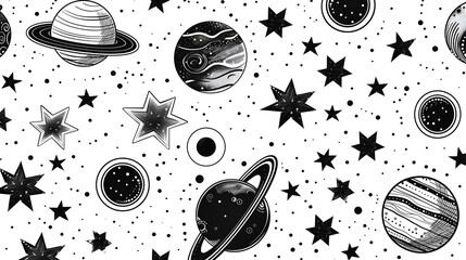 Space pattern, illustration of stars and planets in black on a white background