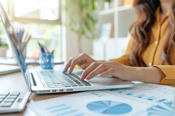 Fototapeta premium Close up of business person or accountant using laptop, Planning financial and accounting concept