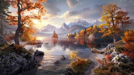 A Wonderful Autumn Sunrise At Hintersee Lake, Capturing An Amazing And Serene Moment, High Quality