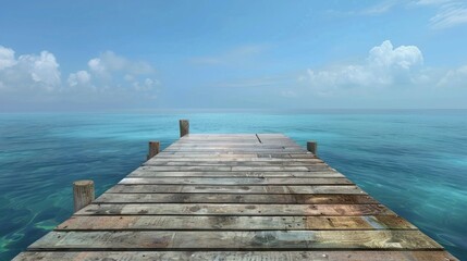 Fototapeta premium A Wooden Pier With A Blue Sea And Sky Background, Capturing The Serene And Tranquil Setting, High Quality