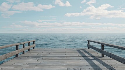 A Wooden Pier With A Blue Sea And Sky Background, Capturing The Serene And Tranquil Setting, High Quality