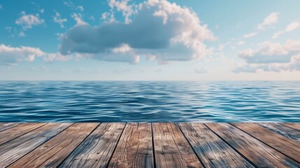 A Wooden Pier With A Blue Sea And Sky Background, Capturing The Serene And Tranquil Setting, High Quality