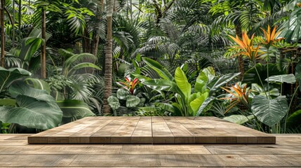 Obraz premium A Wooden Platform Set In A Garden Background, Perfect For Showcasing Products In A Natural Setting, High Quality