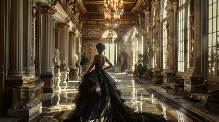 Elegant woman in black dress standing in luxurious hallway with chandeliers Fashion and beauty concept in ornate interior