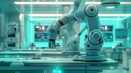 Robotics  Robots assisting in surgical procedures in a hightech hospital Side view Medical robotics Robotic tone Triadic Color Scheme