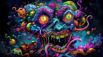 Colorful monster heads frazzled with hearts and eyes, in surrealism chaotic composition style, Colorful Monster Hand Drawn Art. surrealism