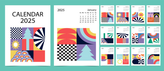 2025 table monthly calendar week start on Sunday with geometric that use for vertical digital and printable A4 A5 size