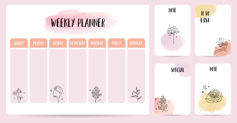 cute weekly planner background with flower.Vector illustration for kid and baby.Editable element