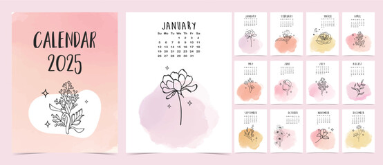 2025 table monthly calendar week start on Sunday with flower that use for vertical digital and printable A4 A5 size