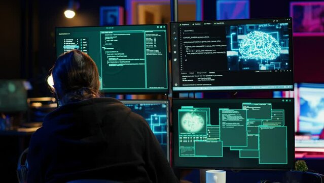Hacker drinking coffee while running artificial intelligence spyware software designed to gather information from users. Script kiddie doing illegal stuff using AI, consuming beverage, camera A