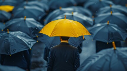 A man is standing in the rain with a yellow umbrella