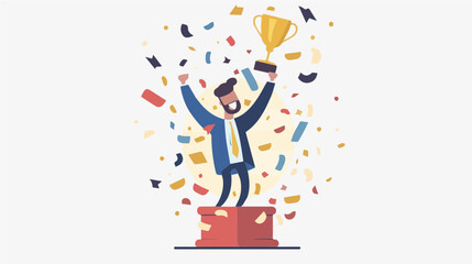 extremely happy surprised guy winner of lottery raffle contest full of joy jumping in air smiling accepting triumph trophy in hand raised in air 2.5d