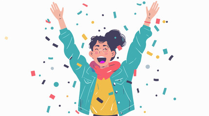 extremely happy surprised girl winner of lottery raffle contest full of joy jumping in air smiling accepting triumph wearing dark turquoise jacket yellow shirt 2.5d
