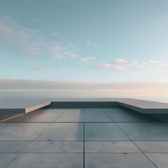 Minimalist Architectural Contemporary: Empty Platform Overlooking a Sleek Metallic Building in a Vast Cerulean Sky