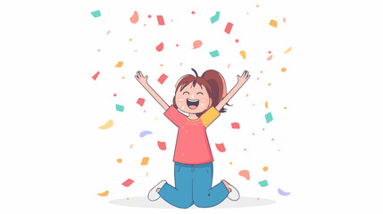 extremely happy surprised girl winner of lottery raffle contest full of joy jumping in air smiling accepting triumph wearing red yellow shirt blue pants 2.5d