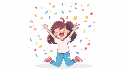 extremely happy surprised girl winner of lottery raffle contest full of joy jumping in air smiling accepting triumph wearing pink shirt blue pants 2.5d