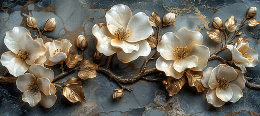 Fototapeta premium panel wall art, wall decoration, marble background with flowers designs