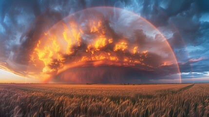 A dramatic view of storm clouds over a vast wheat field, with a rainbow breaking through the dark sky