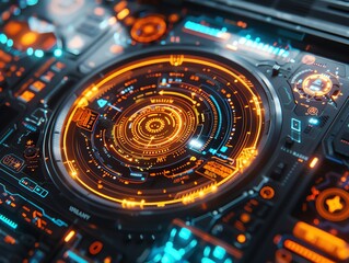 A futuristic HUD display with rotating elements, real-time data updates, and sleek design