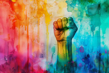 Vibrant Resistance: A Clenched Fist Amidst a Rainbow of Watercolors
