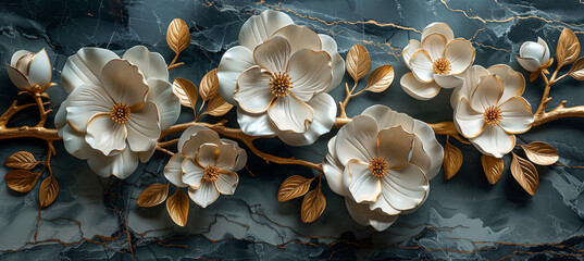 Fototapeta premium panel wall art, wall decoration, marble background with flowers designs
