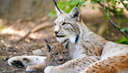 Obraz premium Eurasian lynx with its cub, showcasing a tender moment of bonding and affection in their natural habitat 