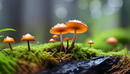 Pair of orange mushrooms on mossy log, highlighting the beauty and detail of forest flora	