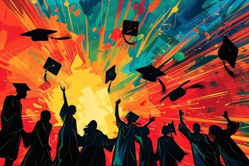 The exhilarating moment of a mortarboard toss on graduation day. Caps soar high as graduates embrace excitement.