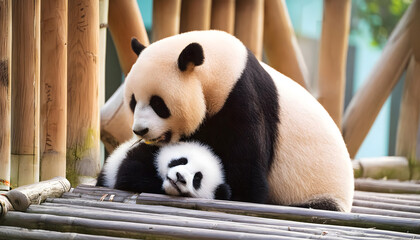 Fototapeta premium Giant panda mother and baby resting together on a bamboo platform, enjoying a peaceful moment in their natural habitat 