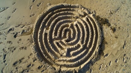 A mesmerizing sand labyrinth, created on a beach, with intricate patterns resembling a work of art. The aerial view captures the harmonious blend of natural materials and landscape AIG50