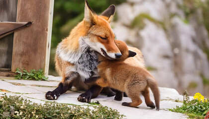 Fox mother cuddling her baby on a sunny day in the forest, expressing love and care, creating a heartwarming scene in nature	