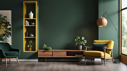Modern wooden living room with yellow armchair against dark green wall - 3D rendering
