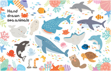 水族館　海の生き物　手描きイラスト素材セット