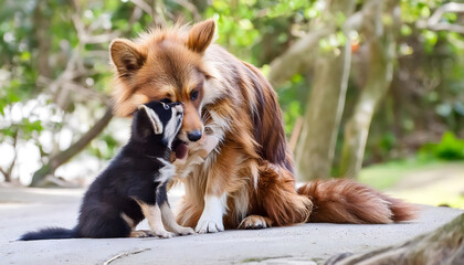 Fluffy brown dog with a cute puppy, showcasing a moment of tenderness and love in a forest setting	
