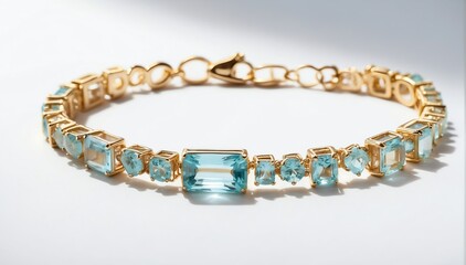 Obraz premium gold bracelet with aquamarine gemstone crystals on pla plain white background from Generative AI