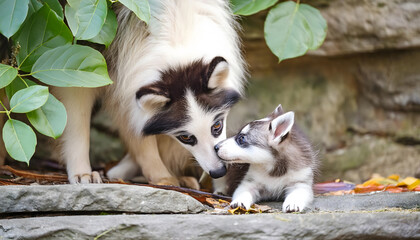 Fluffy white dog nuzzling its cute puppy on a stone path, showcasing a tender moment of affection	