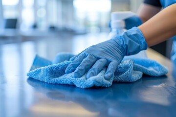 Closeup hand in blue rubber protective glove wiping and cleaning