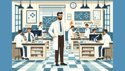 Concept of an image of a college student under the guidance of a professor in a university laboratory. Vector illustration.