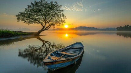 Fototapeta premium Reflection of Single Boat During Sunrise under the Tree